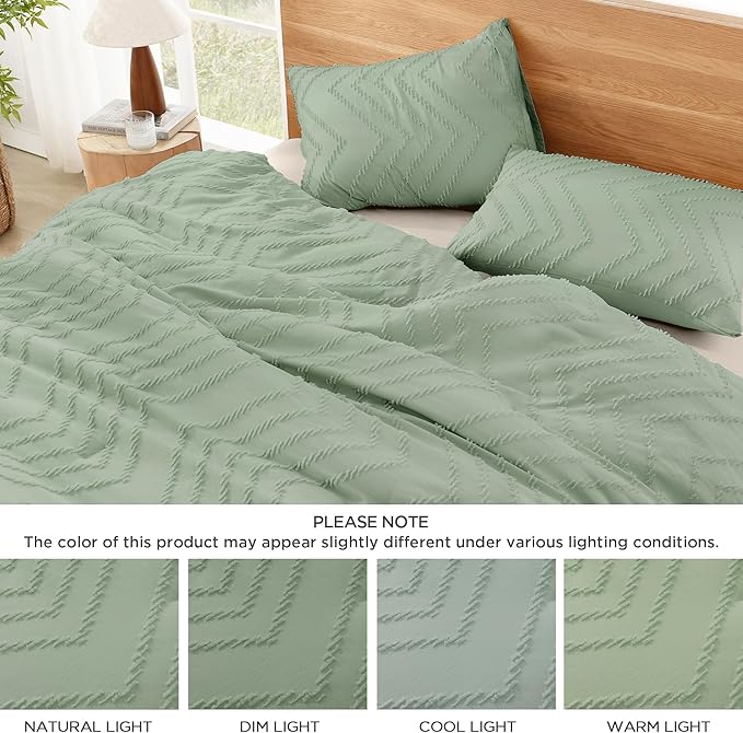 Litanika Sage Green Comforter Set Twin/Twin XL Size, 2 Pieces Boho Chevron Tufted Bedding Comforter Set, All Season Bed Set (66x90In Comforter and 1 Pillow Sham)