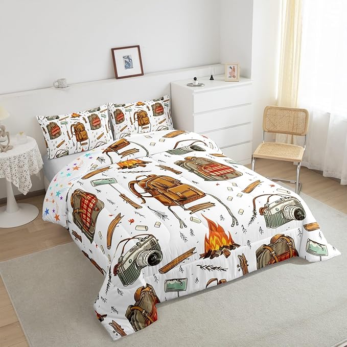 Feelyou Camping Comforter Set Queen Size Camper Comforter Accessories for Travel Trailers Bedding Set Camping Backpack Print Duvet Set Room Decor Jade White Quilt Set