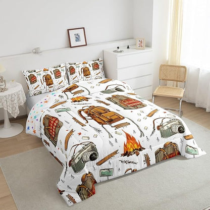 Feelyou Camping Comforter Set Toddler Size Camper Comforter Accessories for Travel Trailers Bedding Set Camping Backpack Print Duvet Set Room Decor Jade White Quilt Set