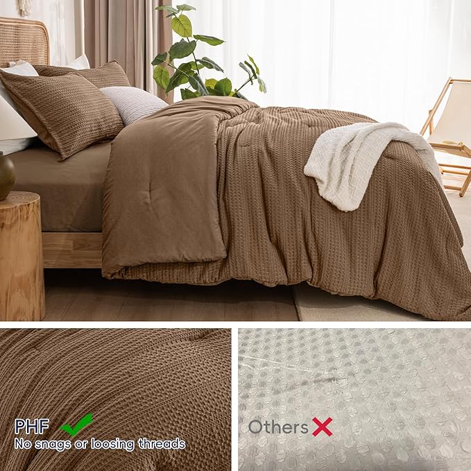 PHF Soft Waffle Comforter Set Queen Size- Comfy Breathable Waffle Weave Comforter with 2 Pillow Shams, 3 Pieces Less Snagging Lightweight Textured Bedding Set for All Season, Mocha