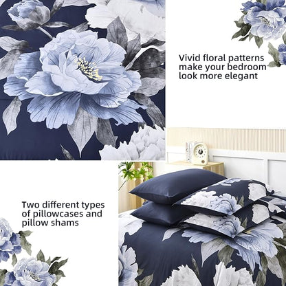 Dobuyly Navy Blue Comforter Set Queen Size 7 Piece Bed in a Bag, Floral Comforter Set with Sheets, Soft Microfiber Botanical Flowers Complete Bedding Set for All Season