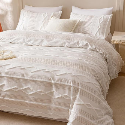CLOTHKNOW Ivory Bohemian King Size Comforter Set 3Pcs Clipped Jacquard Bedding Sets Farmhouse Stripes Comforter White Khaki Comforter Soft with 2 x Pillowcases