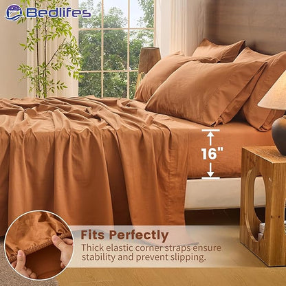 Bedlifes 100% French Pure Linen Sheets California King Size Breathable and Cooling Flax Sheet Set Soft Durable and Moisture Wicking 16 Inch Deep Pocket-4 Piece(Cal King,Brown)