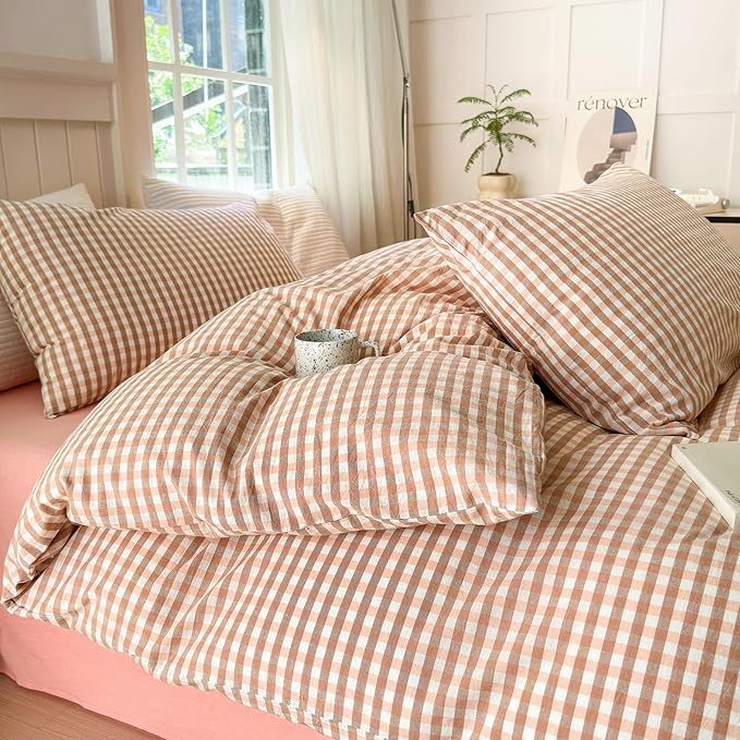 LifeTB Pink Plaid Gingham Duvet Cover King 3 Pieces Checkered Grid Duvet Cover 100% Washed Cotton Coral Pink Plaid Comforter Cover with Zipper Ties 2 Pillowcases Breathable Soft Gingham Bedding Set