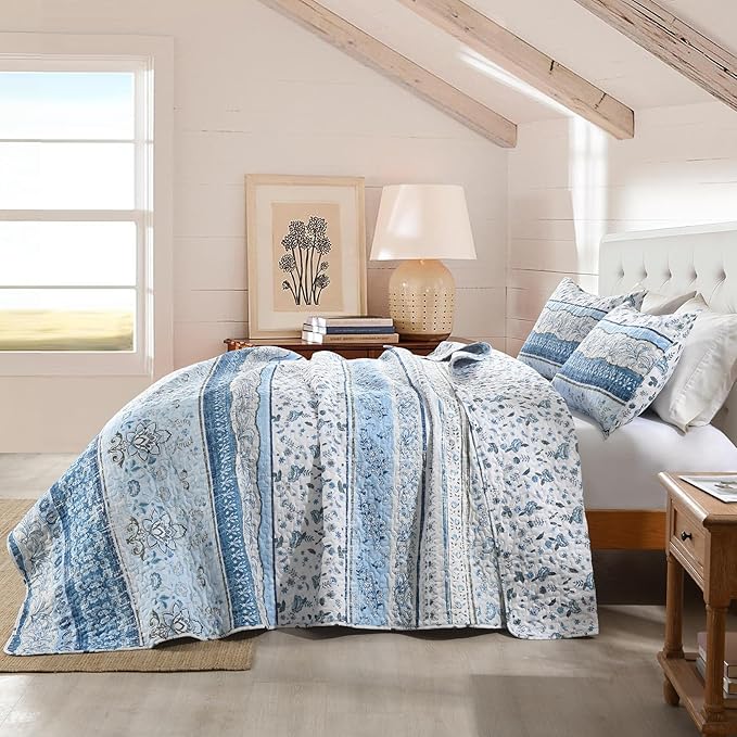 HORIMOTE HOME Boho Quilt Twin Size Blue Bohemian Floral Quilt Bedding Set, Soft Lightweight Twin Comforter for All Season, Farmhouse Bedspread Coverlet with 1 Pillow Sham, 68 x 86 inches