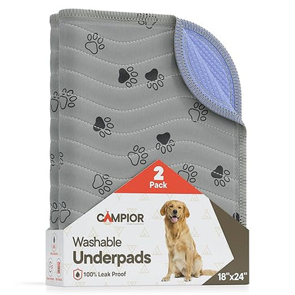 Washable Underpads 18"x24" ( Pack of 2) – Reusable Waterproof Bed Pads for Pets, Kids & Elderly, Extra Heavy Absorbency Incontinence & Bedwetting Pads, Non-Slip TPU Backing, Grey & Blue