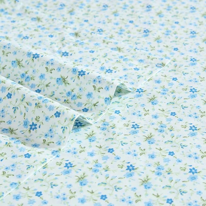 Laura Ashley - Full Sheet Set, Crisp & Cool Cotton Percale Bedding with Deep Pockets, Lightweight for Year Round Comfort, Bed Sheets with Matching Pillowcases (Evie Blue)
