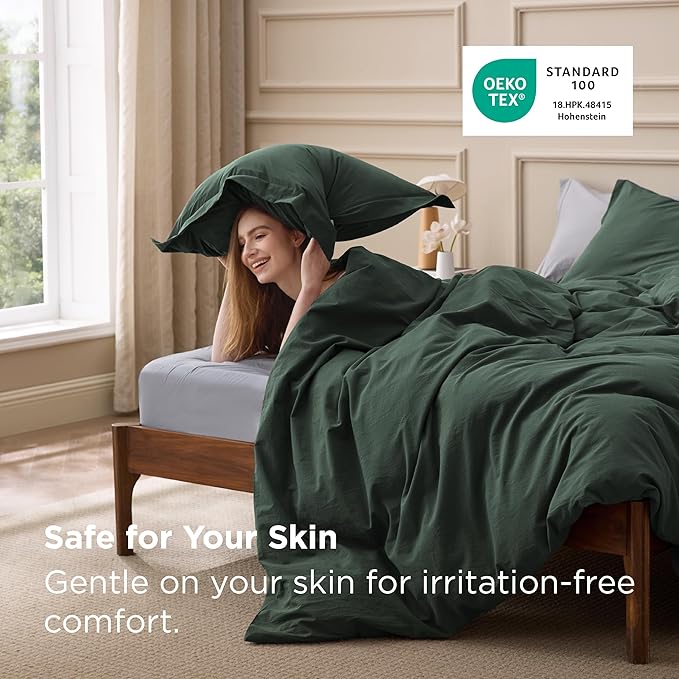 Bedsure 100% Washed Cotton Duvet Cover Queen Size - Forest Green Minimalist Bedding Set Linen Like - PureWoven Plain Simple & Soft Comforter Cover for All Seasons (Forest Green, Queen, 90"x90")