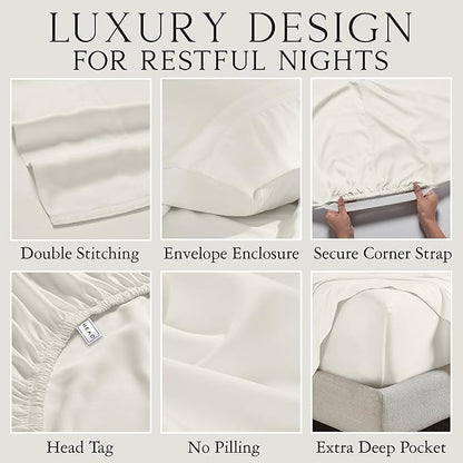 KARISSA MAE Cooling Bamboo Viscose Cal King Sheet Set | 100% FSC Certified | 18” Deep Pocket | Silky, Soft, & Hypoallergenic | with Organizer Band & Elastic Corner Straps [Ivory]