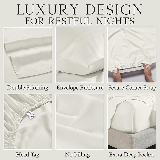 KARISSA MAE Cooling Bamboo Viscose Queen Sheet Set | 100% FSC Certified | 18” Deep Pocket | Silky, Soft, & Hypoallergenic | with Organizer Band & Elastic Corner Straps [Ivory]