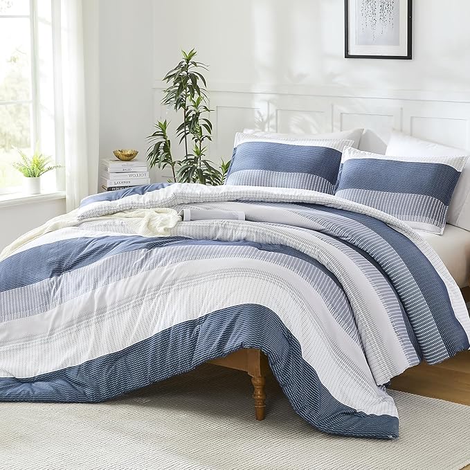 Litanika Mineral Blue Comforter Set Super King - 3 Pieces Lightweight Mineral Blue White Colorblock Stripe Fluffy Bedding Comforter Sets, All Season Bed Set