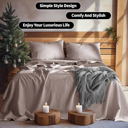 LBRO2M 100% Pure Linen Sheet Set Deep Pocket Up to 16" Bed Sheets Sets, Natural Flax Beddings Soft, Breathable, Comfortable for All Seasons 4 Pcs Sheet Set California King Size, Mauve Desert