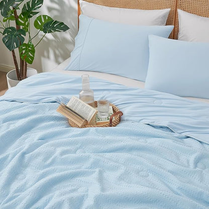 Amélie Home Waffle Cooling Comforter King Size, Q-Max 0.45 Reversible Lightweight Cooling Blanket for Hot Sleepers, Breathable Bedding for Night Sweats, 106"x90", Sky Blue