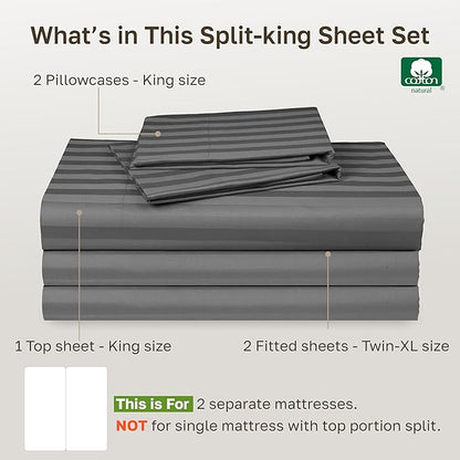 Luxury Split King Size Sheets For Adjustable Bed, 100% Cotton 500 Thread Count Sateen, Snug Fit, Set With Twin-XL Fitted Sheets, Damask Stripe Sheet Sets & Pillowcases (Split King, Stripe - Grey)