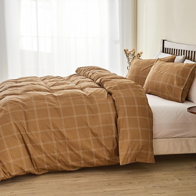 JELLYMONI 100% Natural Cotton Twin Duvet Cover Set, 2pcs Plaid Duvet Cover Sets with Zipper Closure, Grid Geometric Pattern Comforter Cover, Rust