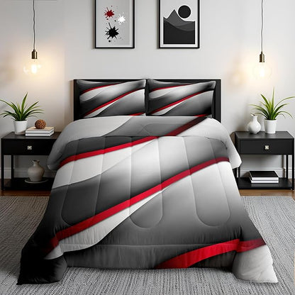 Castle Fairy Modern Gray Red Black Comforter Set Queen Size Abstract Stripes Quilt Set 3pcs for Kids Youth Men Women Bedroom Decor 3D Stripes Bedding Set Gradient Simple Duvet Insert,2 Pillowcases