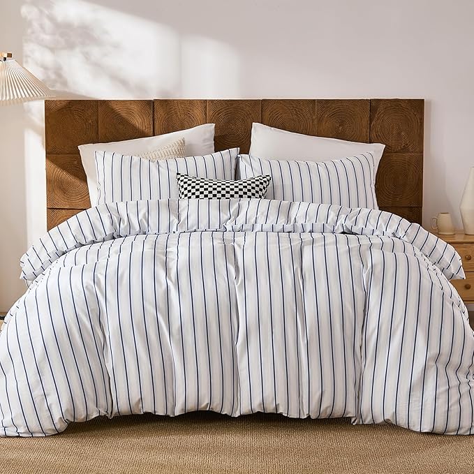 Merryword 100% Cotton Duvet Cover Set Queen Size, Blue and White Stripe Bedding Set, Soft Breathable Natural Cotton Duvet Cover with Pillowcases, Modern Coastal Style Bedding Set for All Seasons