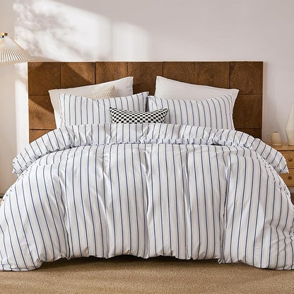 Merryword 100% Cotton Duvet Cover Set Queen Size, Blue and White Stripe Bedding Set, Soft Breathable Natural Cotton Duvet Cover with Pillowcases, Modern Coastal Style Bedding Set for All Seasons