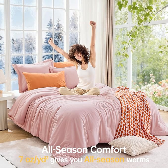MUXHOMO Oversized King Comforter Sets, All Season Ultra Soft Down Alternative Bedding - 3 Piece Lightweight Bed Set Includes 1 Comforter (120"x98") and 2 Pillow Shams (20"x36"), Rose Gold