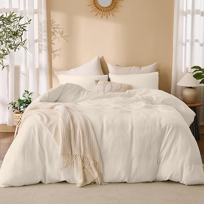 Ivory White Duvet Cover King, 100% Sandwashed Cotton Soft King Size Duvet Cover Set 3 Pieces with Zipper Clousre & Corner Buttons (Ivory White, King 104 x 90)