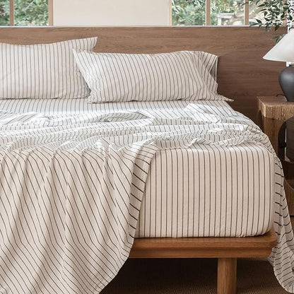 MooMee Striped Sheet Set 100% Washed Cotton Linen Like Textured Breathable Durable Soft Comfy (White Dark Grey Wide Stripes, King)