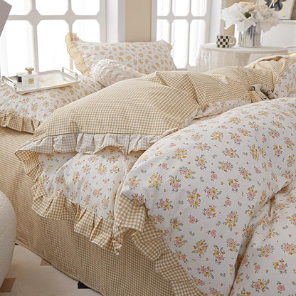 HighBuy Twin XL Comforter Set Lace Ruffle Bedding Comforter Fluffy Coquette Floral Bedding Set 3 Piece Princess Yellow Floral Comforters with 2 Lace Ruffles Pillowcases Cozy Soft