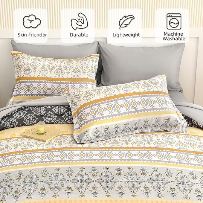 WONGS BEDDING Boho Comforter Set King Size,7 Pieces Bed in a Bag Bohemian Striped Bedding Set,Yellow Paisley Floral Comfortet and Sheet Set,Soft Microfiber Bedding Sets for All Season
