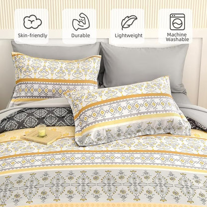 WONGS BEDDING Boho Comforter Set King Size,7 Pieces Bed in a Bag Bohemian Striped Bedding Set,Yellow Paisley Floral Comfortet and Sheet Set,Soft Microfiber Bedding Sets for All Season