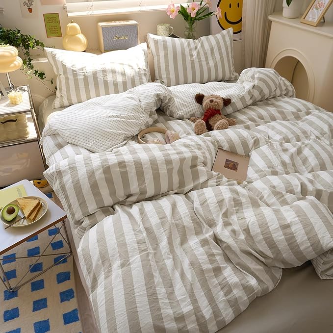 Brown Striped Duvet Cover Queen Boho Pattern Queen Size Comforter Cover Lightweight Stripe Dorm Room Farmhouse Duvet Cover Set with Pillowcase Teen Boy Bedding Washed Microfiber Duvet Protector