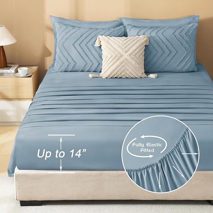 Litanika Grayish Blue California King Size Comforter Set with Sheets - 7 Pieces Bed in a Bag California King Boho Tufted Complete Bedding Sets with Comforter, Sheets, Pillowcases & Shams