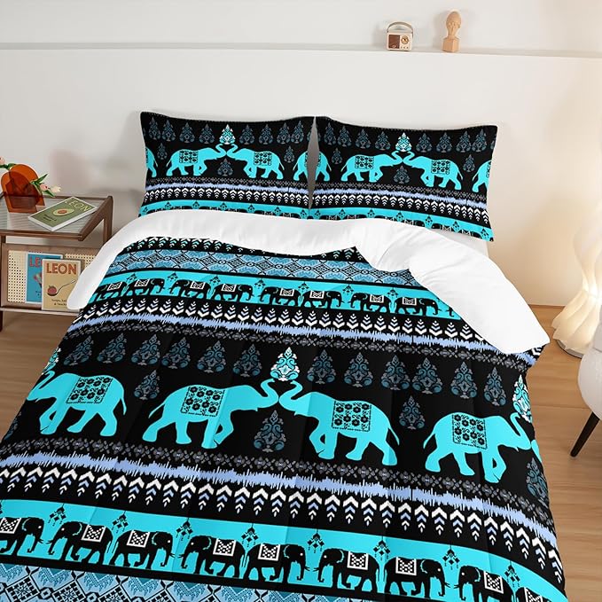 Western Comforter Set Queen Size Elephant Print Bedding for Kids,Blue Series Animal Themed Bedding Set for Boys Girls Room Decor,Boho Bedding Comforter Sets with 2 Pillowcases.