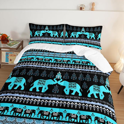 Western Comforter Set King Size Elephant Print Bedding for Kids,Blue Series Animal Themed Bedding Set for Boys Girls Room Decor,Boho Bedding Comforter Sets with 2 Pillowcases.