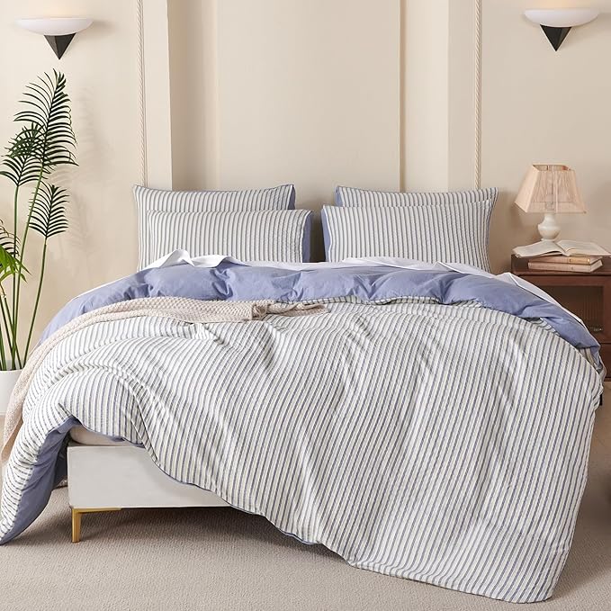 Striped Comforter Queen Blue Soft Luxury Washed Microfiber Jacquard 3 Pieces Bedding, White Blue Vertical Ticking Stripes Pattern Comforter with 2 Pillowcases Breathable Durable Comfy