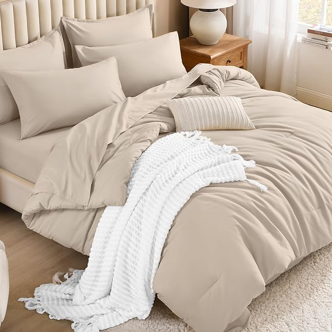 Litanika Comforter Queen Size Set Khaki - 7 Pieces Bed in a Bag Queen Bedding Comforter Sets, Plain Lightweight Bed Set with Comforter, Sheets, Pillowcases & Shams
