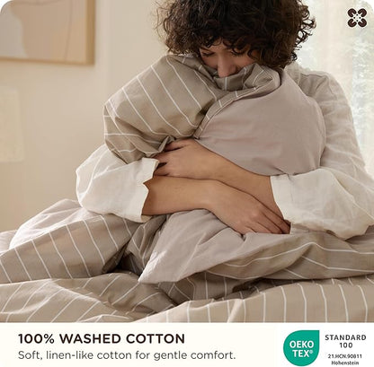 Bedsure Striped Duvet Cover King Size, 100% Washed Cotton PureWoven Duvet Cover Linen Like Textured, Classic Striped Pattern Enhances Bedroom Comfort and Style, Stripes Tan/White, 104"x90"