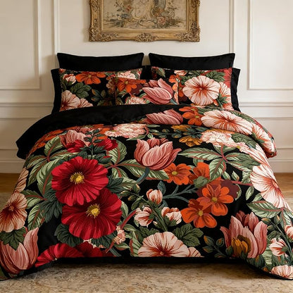 Vintage Comforter Set Full Size Women Tropical Floral Bedding 3 Pcs Victorian Microfiber Comforter with 2 Pillowcases/79 x90, Black Red