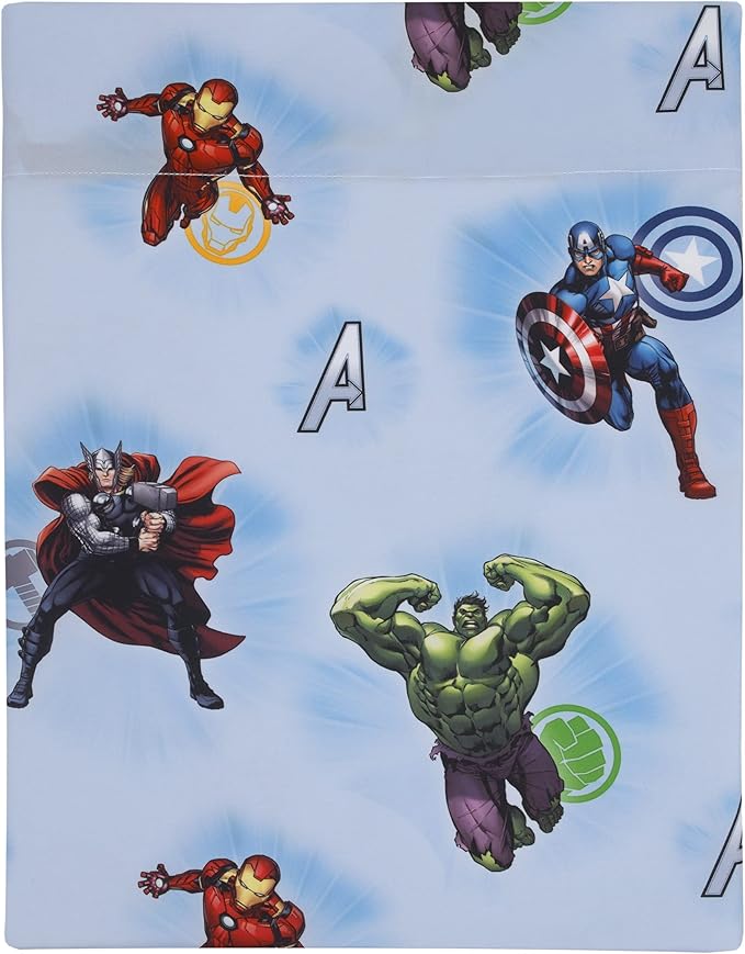 Disney Marvel Avengers Fight The Foes Blue, Red, Green Hulk, Iron Man, Thor, Captain America 4 Piece Toddler Bed Set - Comforter, Fitted Bottom Sheet, Flat Top Sheet, and Reversible Pillowcase
