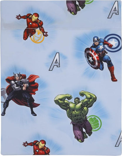 Disney Marvel Avengers Fight The Foes Blue, Red, Green Hulk, Iron Man, Thor, Captain America 4 Piece Toddler Bed Set - Comforter, Fitted Bottom Sheet, Flat Top Sheet, and Reversible Pillowcase