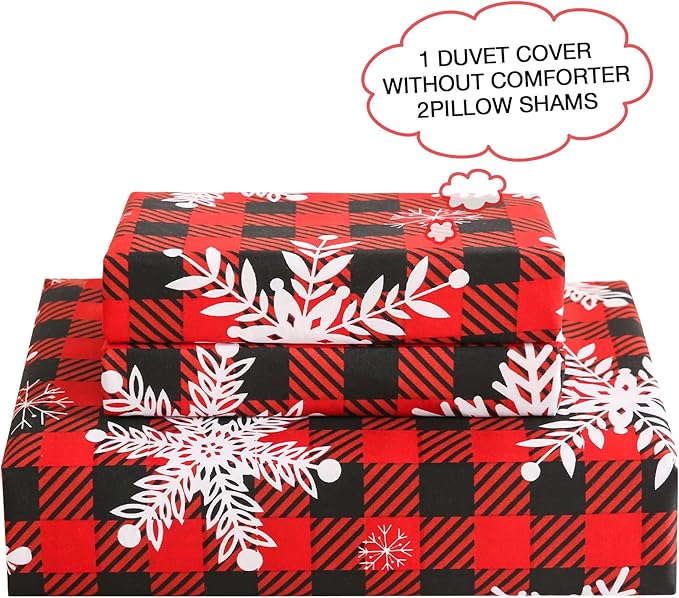JSD Red Buffalo Plaid Snowflakes Duvet Cover Set Full Size, 3 Piece Christmas Winter Printed Microfiber Duvet Comforter Covers