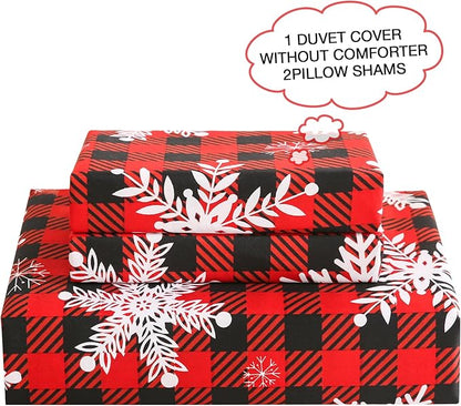 JSD Red Buffalo Plaid Snowflakes Duvet Cover Set Full Size, 3 Piece Christmas Winter Printed Microfiber Duvet Comforter Covers