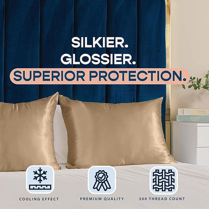 BLISSFORD Satin Pillowcase with Zipper, for Hair and Skin Care, Feels Soft and Cool Like a Silk Pillowcase, Beige Satin Pillow Cases 2 Pack, Slik Pillow Cover, Queen Size, Set of 2