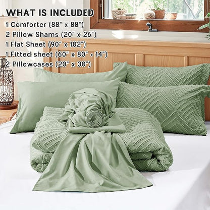 Zzlpp Queen Comforter Set 7 pieces, Sage Green Tufted Bed in a Bag with Comforter and Sheets, All Season Boho Bedding Sets with 1 Comforter, 2 Pillow Shams, 2 Pillowcases, 1 Flat Sheet, 1 Fitted Sheet