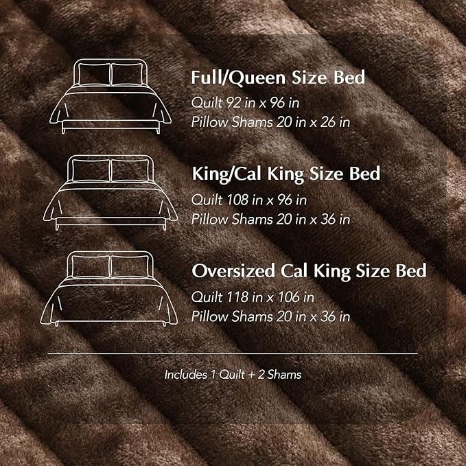 EVERGRACE Velvet Quilt Set King Size, Luxurious Soft Striped Channel Bedding Set, Lightweight Velvet Comforter for All Season, Oversized Bedspread Coverlet with 2 Matching Shams, Rust Brown