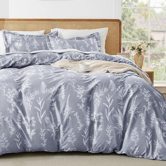 MUXHOMO Duvet Cover Full Size, Reversible Floral Grey Duvet Cover Set with Zipper Closure, 3 Pieces Botanical Patterns Soft Microfiber Bedding Set with 4 Ties (80"x90", 2 Pillow Cases)