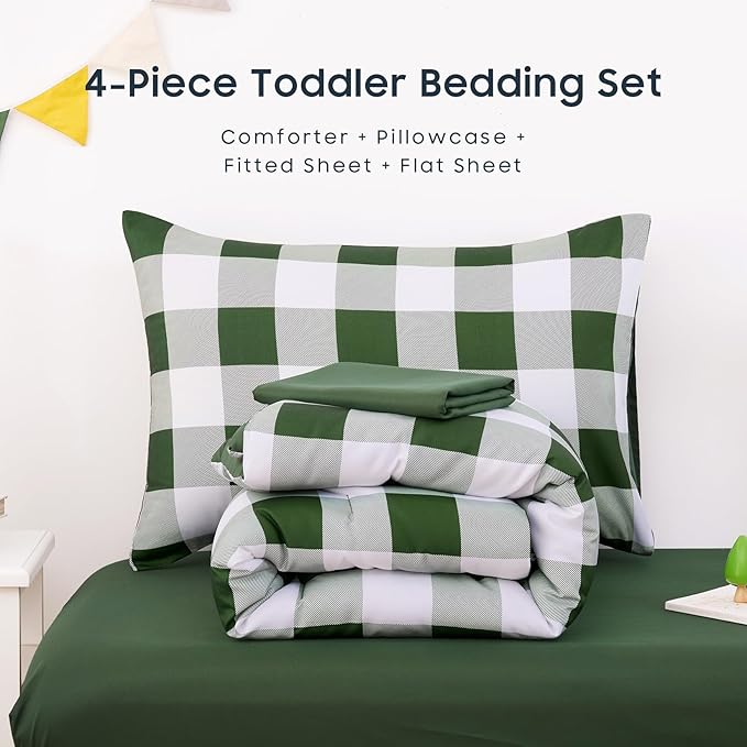 Wake In Cloud - Gingham Toddler Bedding Set for Girls Boys, Cute Plaid Buffalo Check, 4 Pieces Soft Crib Bed Set Including Comforter, Sheets and Pillowcase, Olive Green