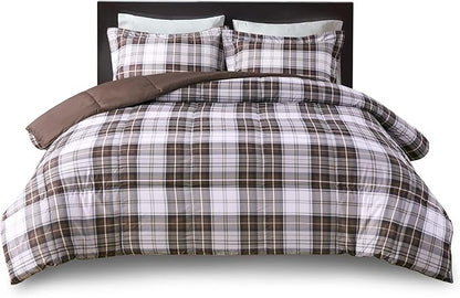 Madison Park Essentials Parkston Plaid Comforter, Matching Sham, 3M Scotchguard Stain Release Cover, Hypoallergenic All Season Bedding-Set, Full/Queen, Brown, 3 Piece