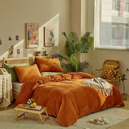 CLOTHKNOW Burnt Orange King Size Comforter Set Velvet Bedding Comforter Sets Soft Rust Caramel Comforter with 2 x Pillow Cases