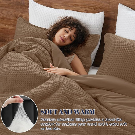 PHF Ultra Soft Waffle Weave Comforter Set King Size, 3 Pieces Lightweight Breathable Comfy Bedding Set, Comfy Textured 1 Comforter with 2 Pillow Shams, Mocha