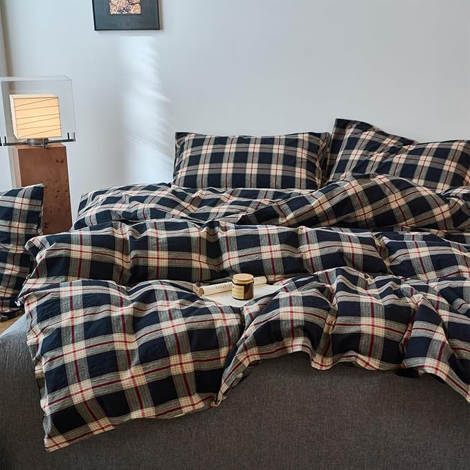 EAVD Vintage Black Plaid Gingham Comforter Set Twin XL Soft 100% Washed Cotton Black&Green&Red Grid Checkered Bedding Set with 2 Pillowcases Farmhouse Retro Plaid Comforter Set for All-Season