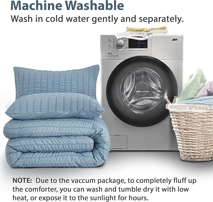 AveLom Grayish Blue Seersucker California King Comforter Set (104x96 inches), 3 Pieces-100% Soft Washed Microfiber Lightweight Comforter with 2 Pillowcases, All Season Down Alternative Bedding Set